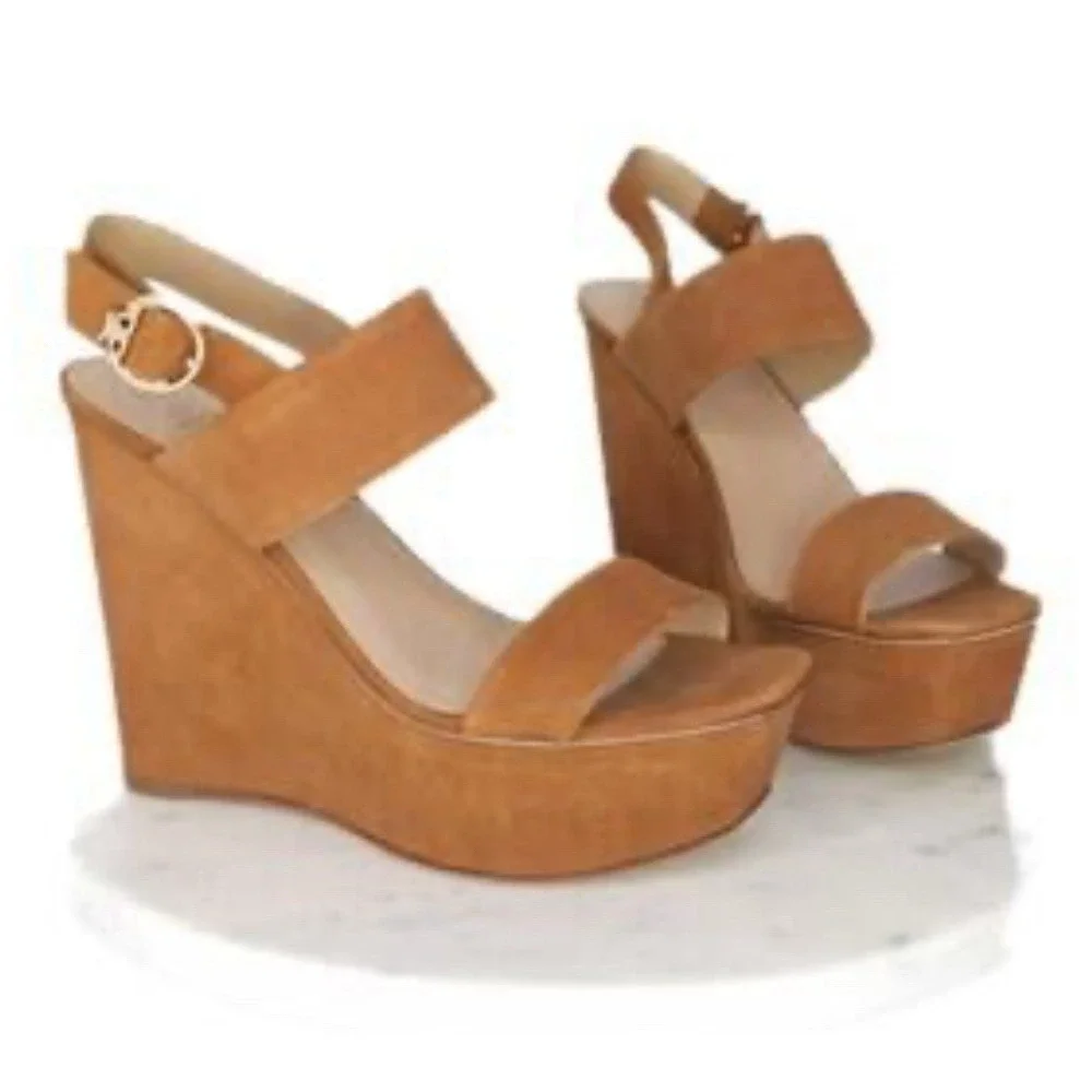 Tory Burch Loretta 120mm Lancaster Cuoio Brown Suede Platform Wedge Sandals 8